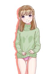 Rule 34 | 1girl, bad drawr id, bad id, bare legs, blush, brown hair, character request, clothes lift, copyright request, drop shadow, francine (daijaemon), green sweater, lifted by self, long hair, looking at viewer, no pants, oekaki, panties, pink panties, purple eyes, simple background, smile, solo, standing, sweater, turtleneck, underwear, white background