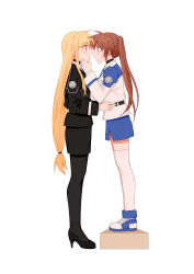 Rule 34 | 2girls, absurdres, black legwear, blonde hair, blush, box, brown hair, fate testarossa, from side, hand on another&#039;s chin, high heels, highres, imminent kiss, long hair, looking at another, lyrical nanoha, mahou shoujo lyrical nanoha strikers, multiple girls, on box, pantyhose, purple eyes, red eyes, simple background, size difference, skirt, sweat, takamachi nanoha, thighhighs, uniform, very long hair, wavy mouth, white background, white legwear, wife and wife, yer, yuri