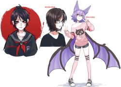 Rule 34 | 3girls, absurdres, animal ears, bandaid, bandaid on face, bandaid on forehead, bat ears, bat wings, black hair, black sailor collar, bow print, collarbone, commission, copyright request, cropped torso, double v, earrings, full body, glasses, hair bun, highres, jewelry, multiple girls, neckerchief, off shoulder, popopoka, red background, red neckerchief, sailor collar, scar, scar on face, semi-rimless eyewear, shoes, short hair, shorts, single bare shoulder, single hair bun, smile, sneakers, standing, thighhighs, upper body, v, white background, white legwear, wings