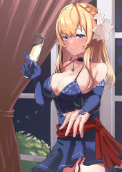 Rule 34 | 1girl, bare shoulders, blonde hair, blue dress, blue eyes, blue gloves, blush, braid, breasts, cleavage, closed mouth, collarbone, cup, dress, elbow gloves, feet out of frame, french braid, garter straps, girls&#039; frontline, glass, gloves, hair ribbon, highres, holding, holding cup, jewelry, large breasts, long hair, looking at viewer, mosin-nagant (girls&#039; frontline), mosin-nagant (moonlit ocean) (girls&#039; frontline), necklace, partially fingerless gloves, ribbon, ring, smile, solo, solokitsune, standing, wedding ring, window