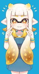 Rule 34 | 1girl, blonde hair, bright pupils, commentary request, cowboy shot, gradient hair, hair horns, highres, inkling, inkling girl, inkling player character, long hair, looking at viewer, multicolored hair, nintendo, notice lines, pointy ears, sahata saba, simple background, smile, solo, splatoon (series), standing, star-shaped pupils, star (symbol), symbol-shaped pupils, teeth, tentacle hair, thick eyebrows, two-tone hair, white background, white hair, white pupils, yellow eyes