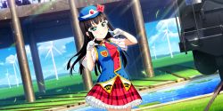 Rule 34 | 1girl, absurdres, artist name, artist request, badge, black hair, blue hat, blue sky, blue vest, blush, breasts, bridge, checkered clothes, checkered skirt, cloud, collared shirt, day, dress, earrings, feathers, female focus, female service cap, fingersmile, floating hair, flower, frilled skirt, frills, gloves, green eyes, hair ornament, hairclip, happy party train, hat, hat feather, highres, jewelry, kurosawa dia, layered skirt, long hair, looking at viewer, love live!, love live! school idol festival, love live! school idol festival all stars, love live! sunshine!!, miniskirt, mole, mole under mouth, mountain, neckerchief, ocean, on stage, outdoors, petticoat, plaid, plaid skirt, pleated, pleated skirt, red flower, red neckerchief, red skirt, shirt, short sleeves, skirt, sky, small breasts, smile, solo, sparkle, stage, stage lights, striped sleeves, sunlight, train, vest, white gloves, white shirt, windmill, wing collar