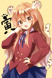 Rule 34 | 1girl, aisaka taiga, blazer, blue skirt, brown eyes, brown hair, buttons, chinese zodiac, commentary request, double-breasted, fang, hand on own hip, hand up, jacket, long hair, looking at viewer, mani (manidrawings), neck ribbon, open mouth, purple ribbon, red jacket, ribbon, skirt, solo, toradora!, year of the tiger, yellow background