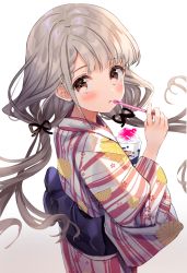 Rule 34 | alternate costume, black ribbon, blush, braid, braided bangs, brown eyes, commentary, drinking straw, floral print, food, from behind, grey hair, hair ribbon, highres, hisakawa nagi, holding, holding drinking straw, idolmaster, idolmaster cinderella girls, idolmaster cinderella girls starlight stage, japanese clothes, kanda done, kimono, long hair, long sleeves, looking at viewer, looking back, low twintails, obi, parted lips, print kimono, ribbon, sash, shaved ice, simple background, solo, striped clothes, striped kimono, twintails, white background, wide sleeves