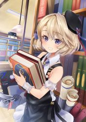 Rule 34 | 1girl, absurdres, apron, azur lane, bad id, bad pixiv id, bare shoulders, beret, black apron, black hat, blue eyes, blush, book, bookshelf, bow, collared dress, commentary request, cowboy shot, cross, dress, grin, hair between eyes, hair bow, hat, highres, holding, holding book, indoors, iron cross, lamp, library, light brown hair, looking at viewer, manjirou (manji illust), purple bow, short hair, sidelocks, sleeveless, sleeveless dress, smile, solo, standing, tilted headwear, torpedo, turret, white dress, wrist cuffs, z23 (azur lane), z23 (the eyecatch in the rye?) (azur lane)