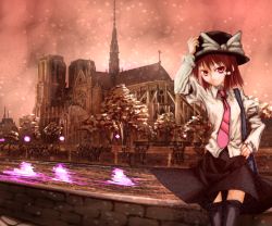 Rule 34 | 1girl, architecture, black hat, black skirt, bow, cathedral, church, cowboy shot, facing viewer, female focus, flying buttress, ghostly field club, gothic architecture, hand on headwear, hand on own hip, hat, hat bow, looking at viewer, necktie, notre dame de paris, outdoors, pink eyes, pink necktie, river, ruka, scenery, shirt, short hair, skirt, sky, snow, solo, standing, thighhighs, touhou, tree, usami renko, white bow, white shirt