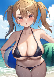 Rule 34 | 1girl, alexmaster, ball, bare shoulders, beach, beachball, bikini, black bikini, blue sky, blush, breasts, cleavage, collarbone, highres, large breasts, long hair, looking at viewer, navel, open mouth, original, sky, solo, swimsuit, thighs, twintails, wet, wide hips