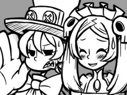 Rule 34 | 2girls, artist name, bad id, bad pixiv id, bloody marie (skullgirls), blush, bow, child, closed eyes, formal, frown, gias-ex-machella, gloves, greyscale, hair ornament, hat, mechanical arms, monochrome, multiple girls, open mouth, peacock (skullgirls), sharp teeth, short hair, simple background, skull, skull hair ornament, skullgirls, smile, suit, sweatdrop, teeth, top hat, twintails