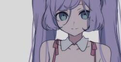 Rule 34 | 1girl, bare shoulders, blue eyes, closed mouth, detached collar, grey background, highres, long hair, looking at viewer, manaka laala, marueri, pretty series, pripara, purple hair, simple background, smile, solo, twintails, unfinished, upper body