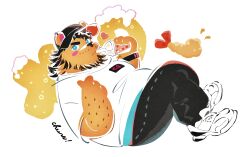Rule 34 | 1boy, bara, baseball cap, bear boy, beard, belly, blue eyes, blush stickers, brown fur, cup, disposable cup, drinking, earrings, facial hair, finger heart, flat color, food request, full beard, full body, furry, furry male, hand up, hat, highres, isuke, jewelry, looking at viewer, male focus, medium hair, midair, original, pants, plump, promotional art, shirt, shoes, sneakers, solo, t-shirt, thick beard, thick eyebrows