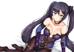 Rule 34 | 1girl, bare shoulders, barettoarts, black gloves, black hair, blue eyes, blush, breasts, colored skin, elbow gloves, feet, female focus, genshin impact, gloves, gold trim, hair ornament, highres, leotard, long hair, long sleeves, looking at viewer, mona (genshin impact), no shoes, purple leotard, simple background, sitting, smile, solo, thighlet, thighs, twintails, white background, white skin