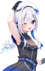 Rule 34 | 1girl, amane kanata, angel wings, arm on own head, beret, black bow, black dress, black gloves, blue stripes, bow, dress, fragir, frilled sleeves, frills, gloves, gradient eyes, gradient skirt, gradient wings, hair between eyes, hair ornament, hairclip, hat, highres, hololive, jewelry, light blush, mini wings, multicolored eyes, multicolored hair, multicolored wings, necklace, official alternate costume, official alternate hairstyle, one eye closed, partially fingerless gloves, pleated skirt, skirt, smile, solo, star (symbol), star hair ornament, star necklace, striped belt, two-tone hair, white background, white beret, white hair, white hat, wings
