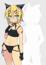 Rule 34 | 1girl, animal ears, arm at side, bikini, black bikini, black gloves, black star (module), blonde hair, blue eyes, cat ears, closed mouth, collarbone, flat chest, gloves, groin, hair ornament, hairclip, kagamine rin, kemonomimi mode, looking at viewer, nail polish, navel, negi (ulog&#039;be), short hair, silhouette, solo, standing, stomach, swimsuit, tattoo, vocaloid, yellow nails