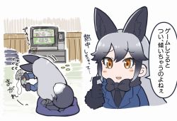 Rule 34 | 10s, 1girl, animal ears, blush, commentary request, controller, flying sweatdrops, fox ears, fox tail, game console, game controller, head tilt, indoors, jacket, kemono friends, long hair, mario (series), mario kart, nintendo, pantyhose, playing games, silver fox (kemono friends), silver hair, sitting, skirt, speech bubble, super famicom, super mario kart, tail, tanaka kusao, tatami, television, translation request, video game
