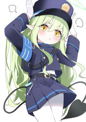 Rule 34 | 1girl, black hat, black jacket, black skirt, black tail, blue archive, blush, closed mouth, cowboy shot, demon tail, earrings, gloves, green hair, green halo, halo, hat, highlander sidelocks conductor (blue archive), highres, jacket, jewelry, long hair, long sleeves, naoya (naoya ee), pantyhose, peaked cap, pleated skirt, pointy ears, sidelocks, simple background, single earring, skirt, solo, tail, white background, white gloves, white pantyhose, yellow eyes