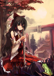 Rule 34 | 1girl, ascot, blouse, broom, detached sleeves, female focus, frog, hakurei reimu, japanese clothes, long hair, miko, nature, outdoors, plant, red shirt, shimadoriru, shirt, sky, sleeveless, sleeveless shirt, solo, torii, touhou, very long hair, yellow ascot