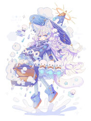 Rule 34 | 1girl, :o, animal ear fluff, animal ears, ankle boots, blue bow, blue bowtie, blue dress, blue eyes, blue footwear, blue headwear, blue pantyhose, boots, bow, bowtie, braid, cat ears, cat girl, cat tail, cloud, commentary, dress, from side, full body, hair bow, hair ornament, hairclip, halo, hat, hat ornament, holding, holding suitcase, lace, lace-trimmed dress, lace trim, long hair, long sleeves, looking at viewer, midair, no pupils, open mouth, original, pantyhose, pastel colors, puffy long sleeves, puffy sleeves, purple hair, side braids, simple background, sorata123, splashing, star (symbol), star hair ornament, striped bow, striped bowtie, striped clothes, striped dress, suitcase, tail, tassel, teruterubouzu, vertical-striped clothes, vertical-striped dress, water, water drop, wavy hair, white background, witch hat