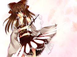 Rule 34 | 1girl, bad id, bad pixiv id, bow, brown eyes, brown hair, detached sleeves, female focus, gohei, hair bow, hakurei reimu, hinayu, japanese clothes, long sleeves, looking at viewer, magic, miko, red skirt, simple background, skirt, solo, stick, touhou, vest, white background