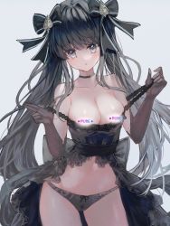 Rule 34 | 1girl, :o, arcaea, bare shoulders, black bow, black choker, black dress, black hair, black panties, blush, bow, bow panties, breasts, brown gloves, cameltoe, censored, choker, cleavage, collarbone, commentary, dress, elbow gloves, english commentary, english text, frilled dress, frills, gloves, grey background, grey eyes, hair bow, hair ornament, hands up, highres, long hair, looking at viewer, medium breasts, navel, novelty censor, panties, parted lips, pulled by self, simple background, solo, spade hair ornament, standing, strap pull, striped, striped bow, tairitsu (arcaea), tandohark, twintails, underwear, very long hair