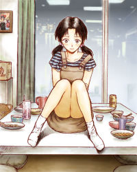 Rule 34 | 1girl, artist request, ass, bare legs, crossed arms, dress, food, freckles, horaki hikari, knees together feet apart, legs together, neon genesis evangelion, no panties, no shoes, overalls, shirt, short twintails, smile, socks, table, twintails, upskirt