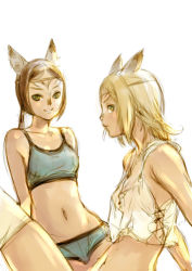 Rule 34 | 00s, 2girls, animal ears, blonde hair, branch (blackrabbits), breasts, brown hair, cat ears, cat girl, female focus, final fantasy, final fantasy xi, midriff, mithra (ff11), multiple girls, navel, see-through, sitting, sports bra, tank top, thighhighs, white background