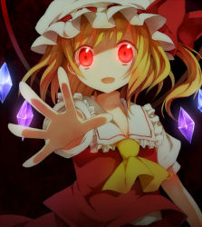 Rule 34 | 1girl, bad id, bad pixiv id, blonde hair, face, female focus, flandre scarlet, foreshortening, glowing, glowing eyes, hat, hinase haruka, open mouth, outstretched arm, outstretched hand, ponytail, reaching, red eyes, short hair, short hair with long locks, side ponytail, solo, staring, touhou, wings