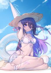 Rule 34 | 1girl, absurdres, ankle cuffs, ball, barefoot, bikini, blue sky, breasts, caisena, cloud, commentary request, day, hat, highres, honkai: star rail, honkai (series), innertube, long hair, looking at viewer, medium breasts, navel, purple eyes, purple hair, seele (honkai: star rail), sitting, sky, solo, stomach, sun hat, swim ring, swimsuit, thigh strap, thighs, very long hair, volleyball (object), white bikini