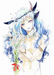 Rule 34 | 1girl, aono nachi, armlet, black horns, black nails, blue eyes, blue hair, bracelet, closed mouth, crown of thorns, curly hair, eyeshadow, flat chest, gradient hair, green hair, hair ribbon, hands up, head tilt, horns, jewelry, long hair, makeup, multicolored hair, navel, necklace, open mouth, original, painting (medium), pointy ears, red eyeshadow, red ribbon, ribbon, simple background, solo, traditional media, two-tone hair, upper body, watercolor (medium), white background