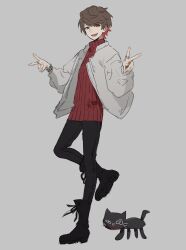 Rule 34 | 1boy, absurdres, black footwear, black pants, boots, bright pupils, brown hair, cat, colored tips, commentary request, creature, double v, fang, full body, grey background, grey jacket, hands up, highres, jacket, jewelry, jiz (pffbq), kiyo (youtuber), long sleeves, looking at viewer, male focus, multicolored hair, multiple rings, open mouth, pants, real life, red eyes, red hair, red sweater, ring, short hair, simple background, solo, standing, standing on one leg, sweater, turtleneck, turtleneck sweater, v