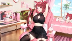 Rule 34 | 1girl, :p, animal ears, bed, black shirt, black skirt, black thighhighs, book, breasts, cat ears, cat girl, cat tail, chair, clock, commission, computer, cpu, crop top, curtains, doll, fyirkingdomsis, glass, heterochromia, highres, holding own tail, keyboard (computer), lamp, long hair, medium breasts, midriff, original, pillow, ponytail, purple eyes, red eyes, red hair, red tail, shelf, shirt, sitting, skirt, solo, stomach, stuffed toy, tail, thighhighs, tongue, tongue out, window