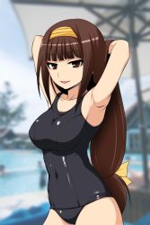 Rule 34 | 1girl, ajimu najimi, armpits, arms behind head, bow, breasts, brown eyes, brown hair, diisuke, hairband, large breasts, long hair, looking at viewer, medaka box, one-piece swimsuit, open mouth, school swimsuit, smile, solo, swimsuit, yellow bow