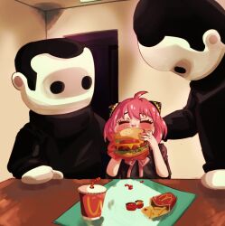Rule 34 | 1girl, 2others, ^ ^, ahoge, anya (spy x family), blank room soup, blush, burger, child, closed eyes, cone hair bun, cupperexe, food, french fries, hair bun, hairpods, happy, highres, horror (theme), multiple others, pink hair, short hair, spy x family, sunken eyes, surrounded, wcdonald&#039;s