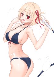 Rule 34 | 1girl, ass, bare shoulders, bikini, blonde hair, blue bikini, blush, breasts, cleavage, collarbone, hair ribbon, highres, jilu, large breasts, looking at viewer, lycoris recoil, nishikigi chisato, open mouth, red eyes, red ribbon, ribbon, short hair, simple background, smile, solo, swimsuit, thighs, white background