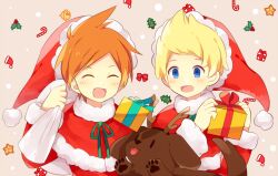 Rule 34 | 0mzum1, 2boys, :d, ^ ^, antlers, bell, blonde hair, blue eyes, blush, boney, bow, box, brothers, brown background, candy, candy cane, capelet, christmas, christmas tree, claus (mother 3), closed eyes, commentary request, dog, fake antlers, fang, food, fur-trimmed capelet, fur-trimmed headwear, fur-trimmed jacket, fur-trimmed sleeves, fur trim, gift, gift box, green ribbon, hand up, hands up, hat, holding, holding gift, holding sack, holly, horns, jacket, jingle bell, long sleeves, lucas (mother 3), male focus, mother (game), mother 3, multiple boys, nintendo, open mouth, orange hair, parted bangs, pom pom (clothes), quiff, red bow, red capelet, red headwear, red jacket, reindeer antlers, ribbon, sack, santa costume, santa hat, short hair, siblings, simple background, skin fang, smile, star (symbol), tongue, tongue out, upper body