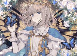 Rule 34 | 1boy, blue butterfly, blue cape, blue eyes, bug, butterfly, butterfly wings, cape, citrusarjun, closed mouth, commentary, diamond hairband, english commentary, fate/grand order, fate (series), flower, frilled sleeves, frills, fur-trimmed cape, fur trim, grey hair, hand up, highres, insect, insect wings, juliet sleeves, long sleeves, looking at viewer, male focus, oberon (fate), puffy sleeves, robe, short hair, smile, solo, tassel, upper body, white flower, white robe, wings