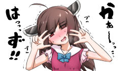 Rule 34 | 1girl, ahoge, blue bow, blush, bow, brown hair, double w, dress, embarrassed, eyes visible through hair, hands up, head tilt, headgear, heavy breathing, highres, long hair, looking at viewer, neon-tetora, open mouth, red dress, red eyes, sailor collar, simple background, sleeveless, sleeveless dress, solo, touhoku kiritan, translation request, trembling, upper body, voiceroid, w, white background, white sailor collar