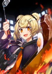 Rule 34 | 1girl, :d, animal ears, arknights, bear ears, blonde hair, blurry, blurry foreground, breasts, commentary request, depth of field, egg, fire, food, food-themed hair ornament, frying pan, gummy (arknights), hair ornament, hairclip, hand up, highres, holding, large breasts, long sleeves, looking at viewer, meat, nonderi, open mouth, orange eyes, sailor collar, school uniform, serafuku, short hair, smile, solo, upper body