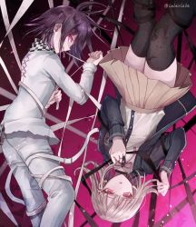 Rule 34 | 1boy, 1girl, :o, artist name, beige skirt, black hair, black thighhighs, checkered clothes, checkered scarf, commentary request, danganronpa (series), danganronpa 2: goodbye despair, danganronpa v3: killing harmony, flipped hair, hair ornament, hairclip, hood, hooded jacket, jacket, long sleeves, looking at viewer, nanami chiaki, oma kokichi, pink eyes, pink ribbon, pleated skirt, purple eyes, purple hair, ribbon, scarf, shirt, short hair, skirt, smile, straitjacket, thighhighs, white shirt, z-epto (chat-noir86)