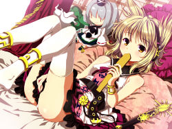 Rule 34 | 1girl, anklet, bad id, bad pixiv id, belt, blonde hair, bracelet, character doll, cnm, covering crotch, covering own mouth, covering privates, dress, earmuffs, ghost tail, green dress, hat, hat ribbon, headphones, jewelry, legs up, looking at viewer, lots of jewelry, lying, mononobe no futo, on back, pillow, ribbon, ritual baton, shirt, silver hair, skirt, sleeveless, smile, soga no tojiko, solo, sword, thighhighs, touhou, toyosatomimi no miko, upskirt, weapon, white background, yellow eyes, zettai ryouiki, | |
