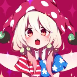 Rule 34 | 1girl, alternate hairstyle, american flag shirt, bad id, bad twitter id, clownpiece, fairy wings, hair bobbles, hair ornament, hat, jester cap, looking at viewer, open mouth, polka dot headwear, purple hat, red eyes, shirt, short sleeves, sidelocks, simple background, solo, star (symbol), star print, striped clothes, striped shirt, touhou, upper body, v-shaped eyebrows, white hair, wings, you (noanoamoemoe)