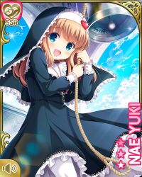Rule 34 | 1girl, bell, black dress, blue eyes, brown hair, character name, cloud, dress, girlfriend (kari), habit, hair ornament, heart, heart hair ornament, jewelry, long hair, necklace, nun, official art, open mouth, outdoors, pantyhose, qp:flapper, rope, sky, smile, solo, white pantyhose, yuuki nae