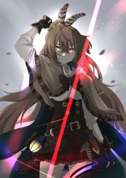 Rule 34 | absurdres, ahoge, belt, brown capelet, brown cloak, brown corset, brown eyes, brown hair, cape, capelet, cloak, corset, dagger, dim lighting, feather hair ornament, feathers, gloves, glowing, glowing eyes, hair ornament, hieroglyphics, highres, hololive, hololive english, knife, lantern, looking at viewer, multicolored hair, nanashi mumei, partially fingerless gloves, ponytail, red skirt, ribbon, shirt, skirt, streaked hair, thigh strap, thighhighs, virtual youtuber, weapon, white shirt, zikryzero