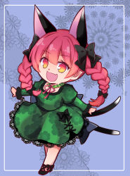 Rule 34 | 1girl, animal ears, black bow, black footwear, bow, bowtie, braid, cat ears, cat tail, chibi, dress, extra ears, fang, floral background, floral print, frills, green dress, kaenbyou rin, leg ribbon, multiple tails, open mouth, orange eyes, outstretched arms, pointy ears, purple background, red eyes, ribbon, smile, spread arms, tail, touhou, twin braids, two tails, yamamori uniko