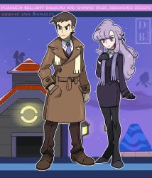 Rule 34 | 1boy, 1girl, anabel (pokemon), black pantyhose, brown coat, brown eyes, brown footwear, brown hair, brown pants, buttons, closed mouth, coat, collared shirt, commentary, copyright name, creatures (company), dreambig, drifblim, frown, full body, game freak, gen 4 pokemon, glameow, gloves, hair ribbon, hand in pocket, hand up, high heels, highres, long hair, looker (pokemon), nintendo, pants, pantyhose, pokemon, pokemon (creature), pokemon bdsp, pokemon sm, purple hair, ribbon, scarf, shirt, shoes, short hair, sidelocks, silhouette, split mouth, standing, watermark, white shirt