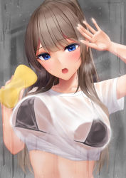 Rule 34 | 1girl, :o, against glass, arm up, bad id, bad pixiv id, bikini, bikini under clothes, black bikini, blue eyes, blush, breast press, breasts, breasts on glass, brown hair, commentary request, crop top, head tilt, highres, holding, holding sponge, large breasts, long hair, looking at viewer, mhru, mixed-language commentary, open mouth, original, ponytail, see-through, shirt, short sleeves, solo, sponge, swimsuit, unaligned breasts, water drop, wet, wet clothes, wet shirt