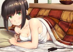 Rule 34 | 1girl, bad id, bad twitter id, bare arms, bare shoulders, blush, bowl, breasts, brown hair, carpet, cleavage, clenched hand, closed mouth, collarbone, cup, fubuki (kancolle), green eyes, highres, ichikawa feesu, indoors, kantai collection, kotatsu, looking at viewer, low ponytail, lying, medium breasts, on floor, on stomach, pillow, shirt, sidelocks, sleeveless, smile, solo, table, tareme, under kotatsu, under table, upper body, white shirt