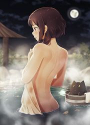 Rule 34 | 10s, 1girl, ass, back, back focus, bad id, bad pixiv id, bathing, black hair, brown hair, bucket, casino (casinoep), cat, chomusuke, cloud, cloudy sky, completely nude, covering privates, cross, from behind, full moon, highres, kono subarashii sekai ni shukufuku wo!, leaf, megumin, moon, naked towel, night, night sky, nude, nude cover, onsen, outdoors, partially submerged, profile, red eyes, short hair, sky, solo, steam, towel, wading, water
