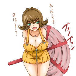 Rule 34 | 1girl, breasts, brown hair, cleavage, dress, final fantasy, final fantasy viii, flipped hair, fujikawa 2gou, full-length zipper, green eyes, highres, jewelry, large breasts, looking at viewer, necklace, nunchaku, open mouth, selphie tilmitt, short hair, simple background, skirt, smile, solo, weapon, white background, yellow dress, zipper