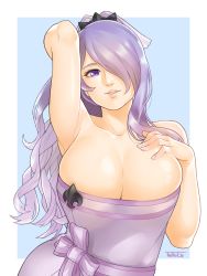 Rule 34 | 1girl, absurdres, arm behind head, arm up, armpits, artist name, bare shoulders, breasts, camilla (fire emblem), cleavage, collarbone, commentary, eyelashes, fire emblem, fire emblem fates, fire emblem heroes, hair over one eye, hand on own chest, highres, large breasts, long hair, looking at viewer, naked towel, nintendo, no bra, official alternate costume, parted lips, purple eyes, purple hair, shiny skin, simple background, smile, solo, thefarelo, tiara, towel, upper body, very long hair, wavy hair