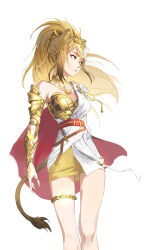 Rule 34 | 1girl, absurdres, animal ears, arknights, armor, blonde hair, breastplate, choker, commentary, feet out of frame, highres, jewelry, lion ears, lion tail, long hair, necklace, official alternate costume, pencil skirt, shirt, siege (arknights), simple background, single-shoulder shirt, single bare shoulder, skirt, solo, standing, tail, tflop (tea flop), thighlet, white background, white shirt, yellow skirt
